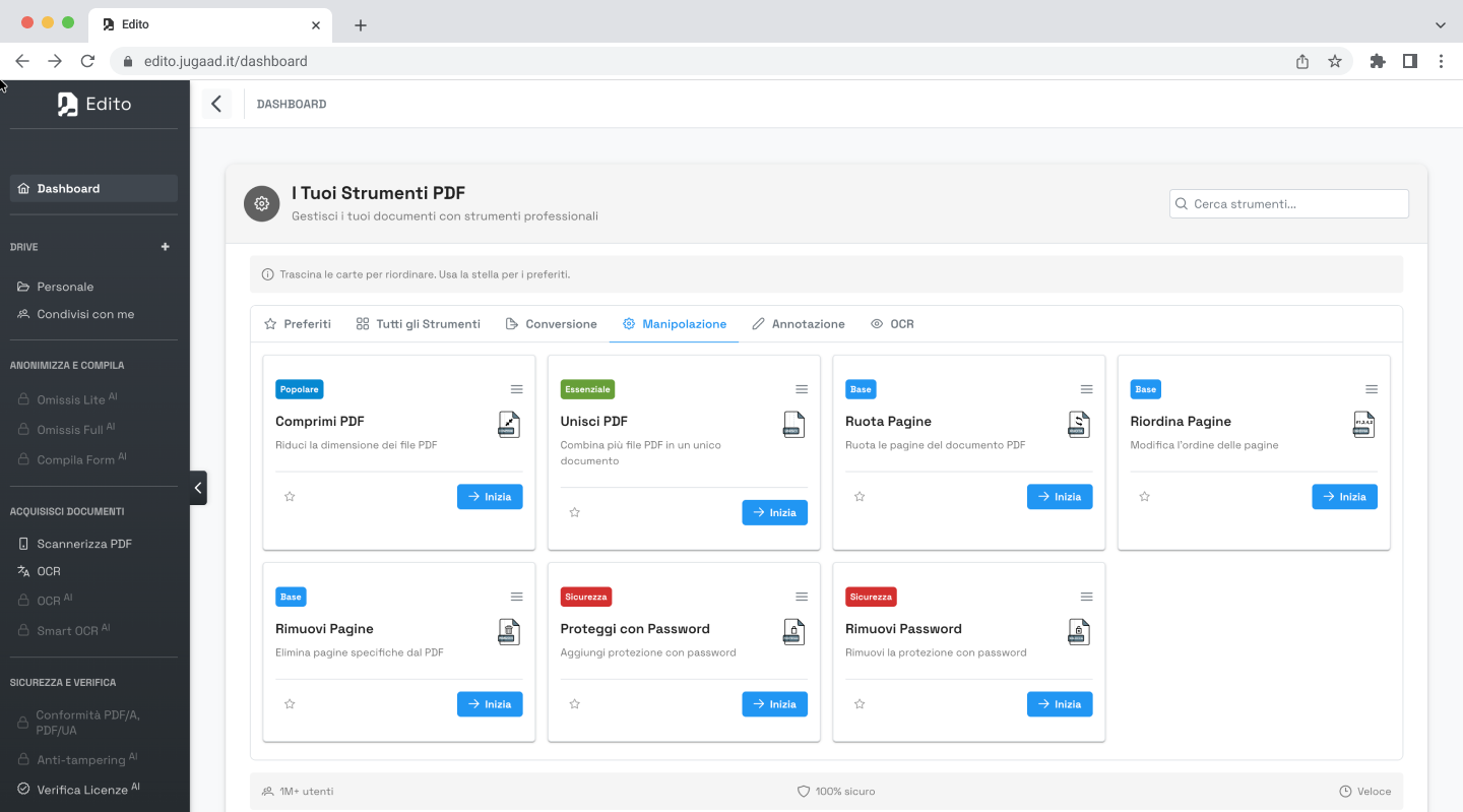 Screenshot della dashboard del software Edito che mostra la sezione "I Tuoi Strumenti PDF professionali", con schede per la Manipolazione di PDF come "Comprimi PDF", "Unisci PDF", "Ruota Pagine" e "Proteggi con Password"