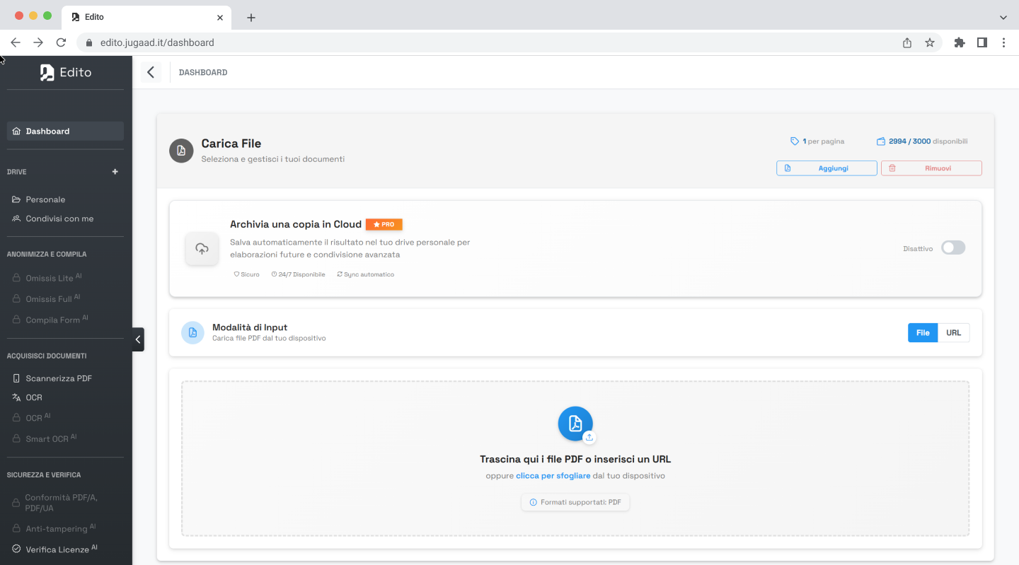 Screenshot della dashboard del software Edito, che mostra l'area per trascinare e caricare file PDF e le opzioni nella sidebar per l'acquisizione documenti, inclusi OCR e Scannerizza PDF.